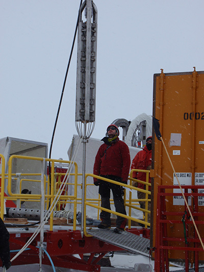 UCSC researchers lowered a geothermal probe through a borehole in the West Antarctic ice sheet to measure temperatures in the sediments beneath half a mile of ice. (Photo courtesy of WISSARD/UCSC)