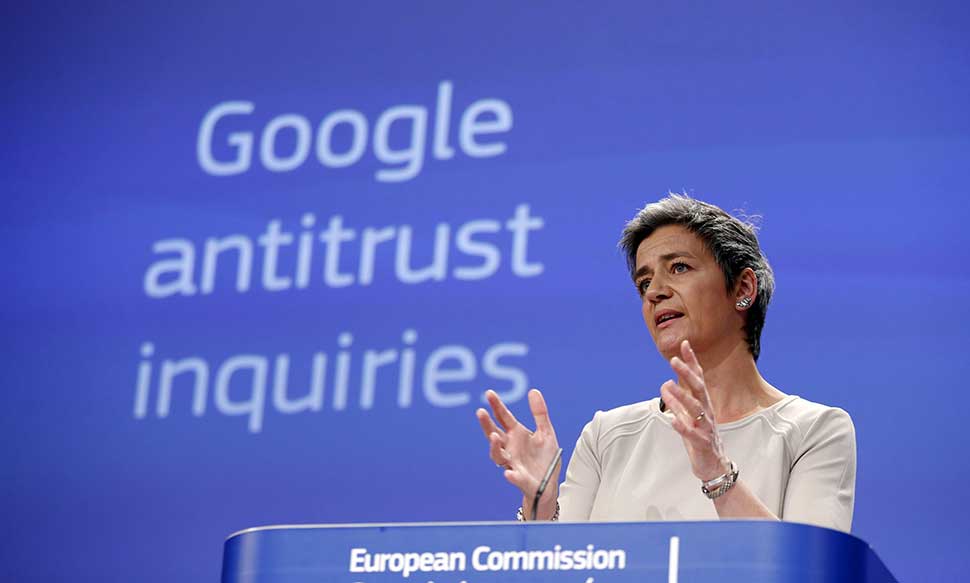 Margrethe Vestager in Brussels over the charges against Google. Photograph: Francois Lenoir/REUTERS