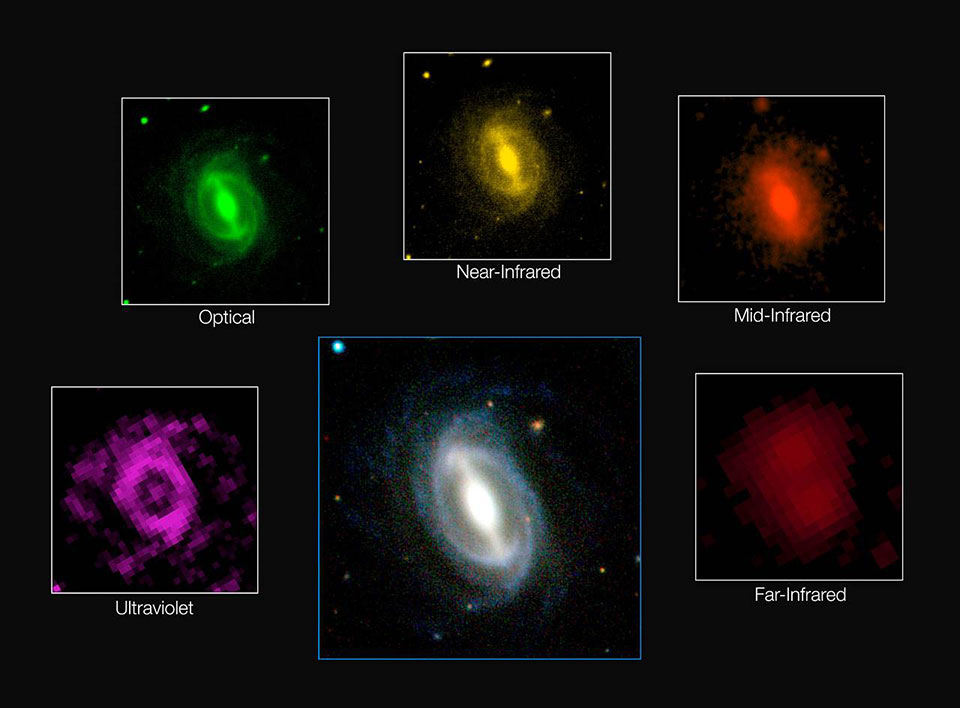 This composite image shows how a single galaxy appears in different wavelengths of radiation. ICRAR / GAMA / ESO