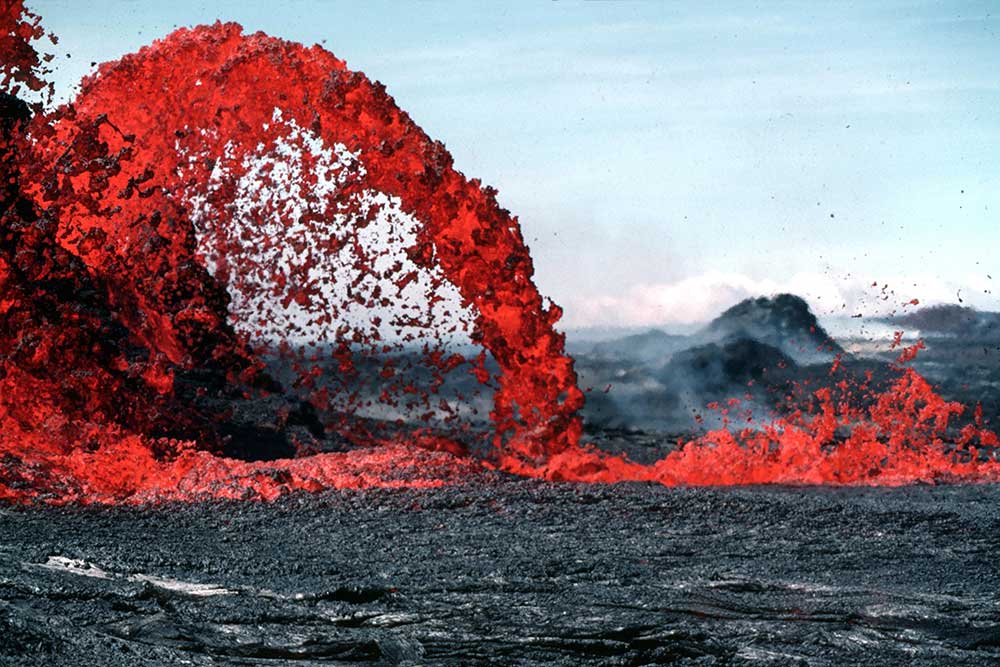 A lava fountain is a volcanic phenomenon in which lava is forcefully but non-explosively ejected from a crater, vent, or fissure. The highest lava fountains recorded were during the 1999 eruption of Mount Etna in Italy, which reached heights of 2,000 m (6,562 ft)