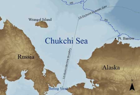 The Chukchi Sea is a rather small southern extension of the Arctic Ocean. The sea is bordered in the west by Russia's Wrangel Island and the East Siberian Sea; in the east by Alaska and the Beaufort Sea, and in the south it ends on the edge of the Bering Strait. 