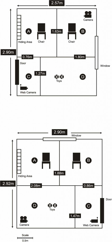 Graphical illustration of layout and dimensions of testing rooms (1) and (2), Each room was divided into four areas A) owner/stranger, B) owner/stranger, C) door, D) play. Credit: PLOS ONE