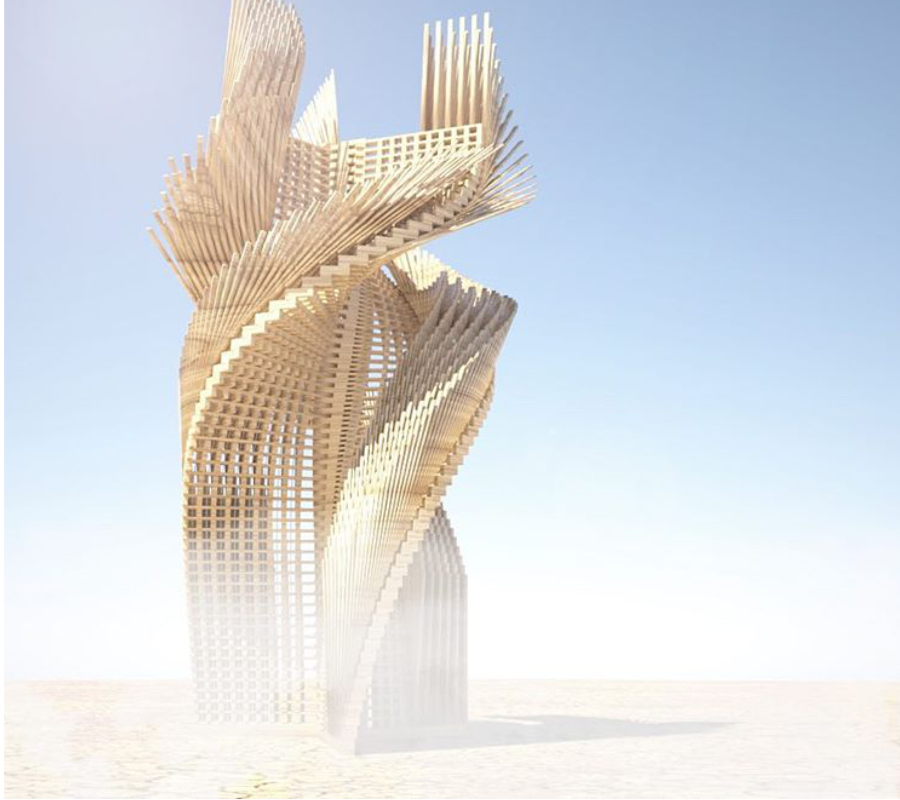 "'Tangential Dreams" is an architectural installation that hopes to come to the playa this year. The 30-foot tall twisting tower with inspiring sentences written by Burners around the world is partly funded by the Burning Man Arts Grant and is now running a #kickstarter campaign to complete its fundraising," wrote @burningman. Image credit: @mamoumani
