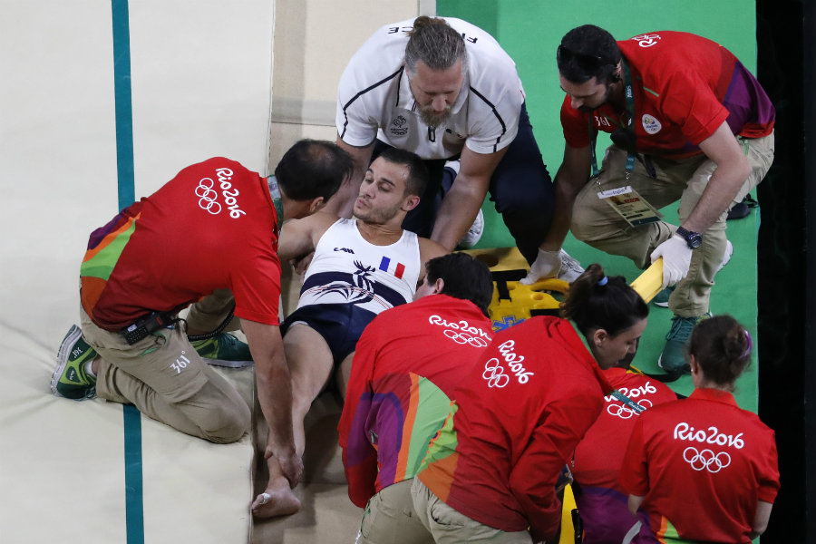 Ait Said was performing on the first day of men’s gymnastics when he suffered a horrific leg break in the vault. Photo credit: Thomas Coex / Getty Images / Bleacher Report