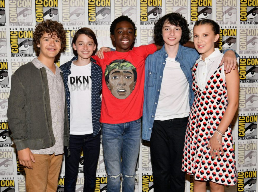 Gaten Matarazzo, Noah Schnapp, Caleb McLaughlin, Finn Wolfhard at San Diego Comic-Con 2017. Image Credit: Dia Dipasupil / Getty Images