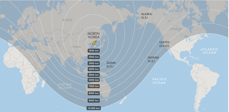 North Korea's ballistic missile reach. Image Credit: USA Guam