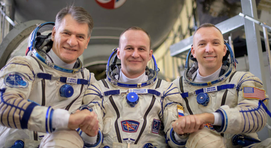 Paolo Nespoli (left), Sergey Ryazanskiy (center), and Randy Bresnik. Image credit: NASA / Bill Ingals